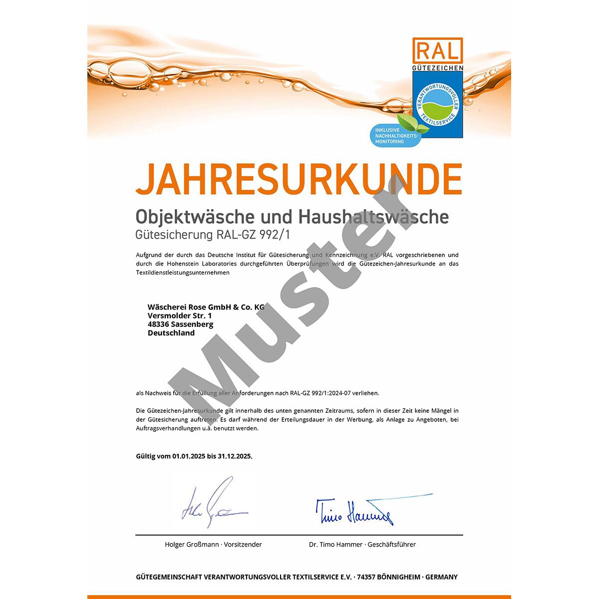 ral hygienezeugnisse 2026 2 992-1 jahresurkunde 2025 musterbild