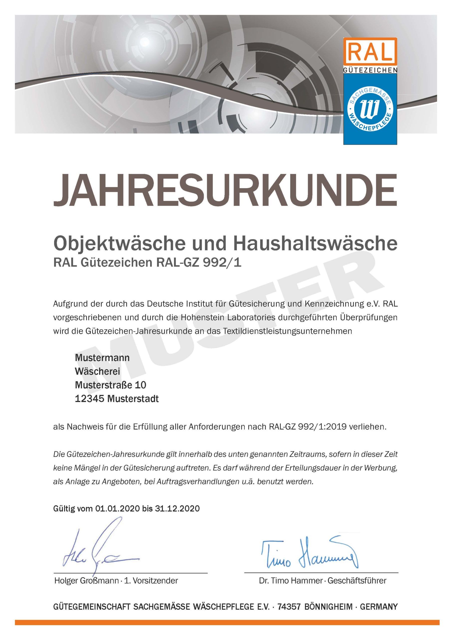ral hygienezeugnisse 2022 2 jahresurkunde für wäscherei rose muster ral-gz 992/1