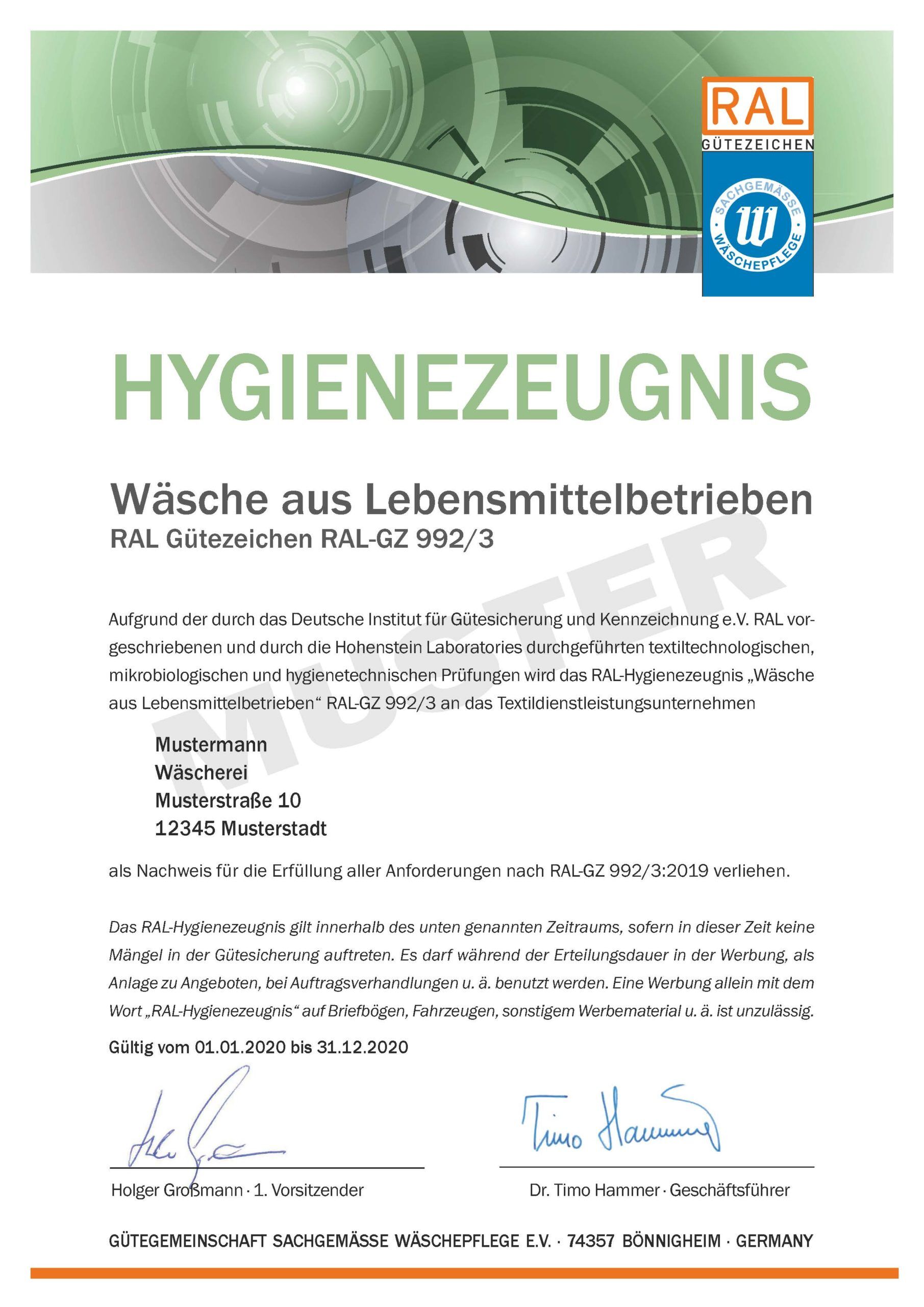 ral hygienezeugnisse 2022 4 hygienezeugnis für wäscherei rose muster ral-gz 992/3
